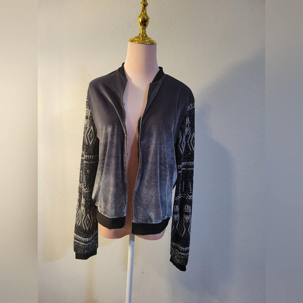 fab'rik Charcoal and Black Geometric Bomber Jacket